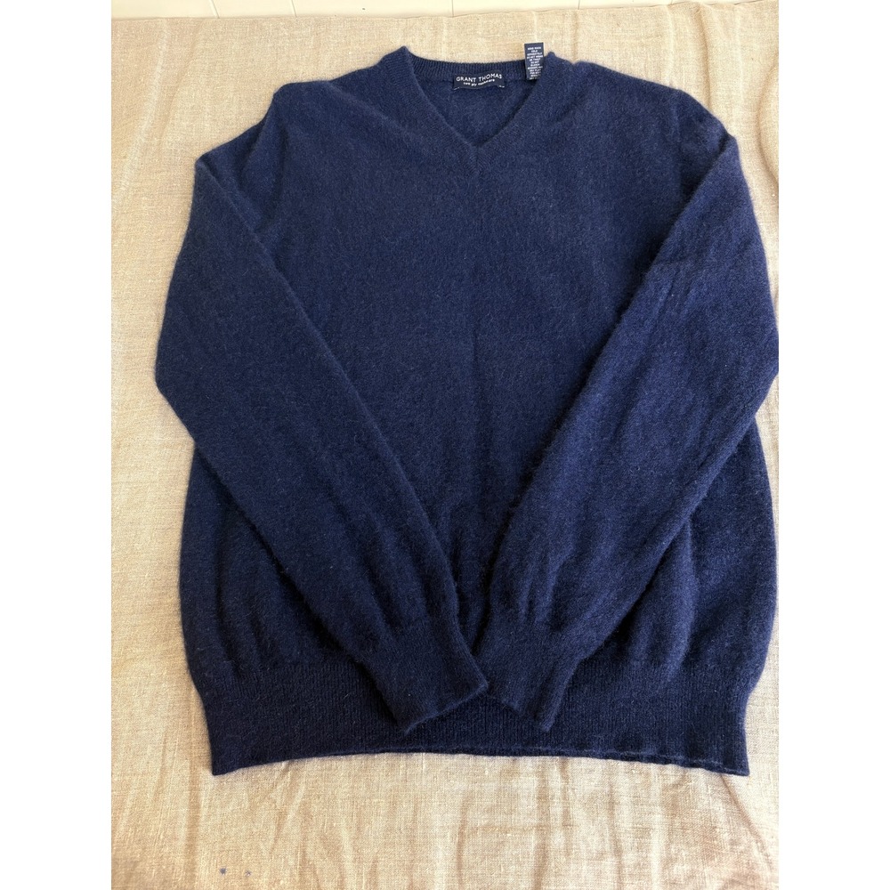 Grant Thomas V-Neck Sweater Mens S Navy Fair 100% Two Ply Cashmere Mended